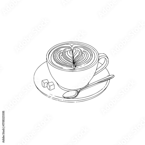 Latte art coffee cup drawing with sugar cubes and spoon beverage illustration cafe drink caffeine sketch 100