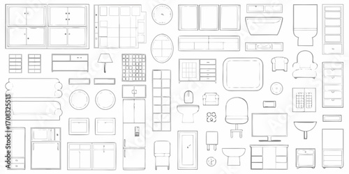 Collection of hand drawn furniture and home decor items in a sketch style for interior design