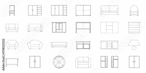 Collection of outline furniture icons including sofas chairs cabinets dressers tables and lamps for interior design concepts