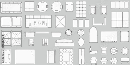 Collection of hand drawn top down furniture and architectural elements for interior design planning