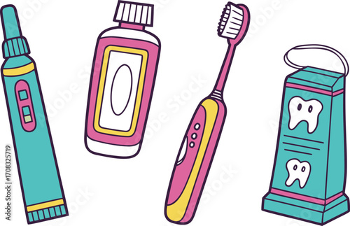 Cartoon dental hygiene products: toothbrush, toothpaste, mouthwash, and floss vector Illustration