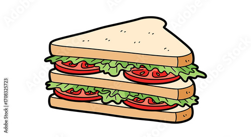 Delicious Cartoon Sandwich with Tomato and Lettuce on White Backdrop