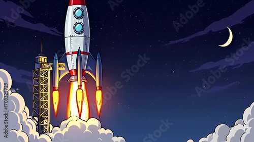 Cartoon rocket launching into space at night, with clouds and a crescent moon in the background