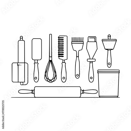 Outline kitchen tools baking utensils cooking equipment roller whisk spatula brush scraper container illustration