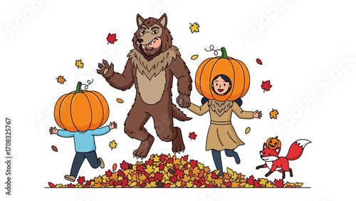 Fall Harvest Revelry: Festive costumed figures, a pumpkin, a wolf, and a fox, romp playfully amidst a vibrant pile of autumn leaves.