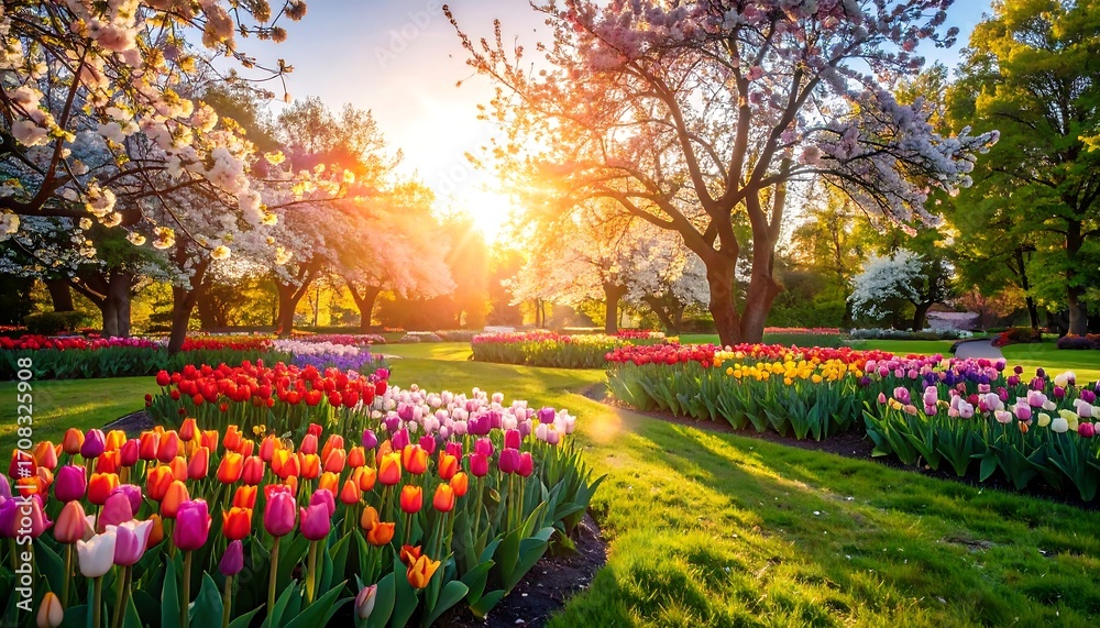 Obraz premium Vibrant Spring Garden: Sunrise over Colorful Tulips and Blossoming Trees