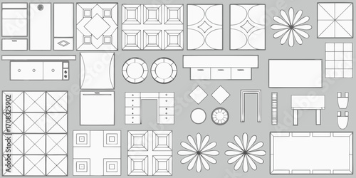 Collection of top down furniture and decorative elements in a simple line drawing style