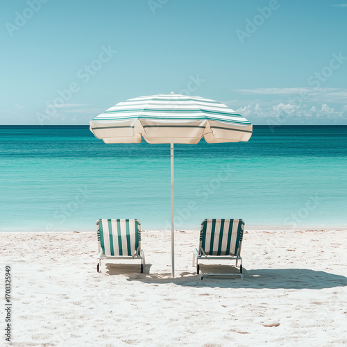 Two striped beach chairs under a yellow umbrella face a calm turquoise sea on a sunny, empty shore.