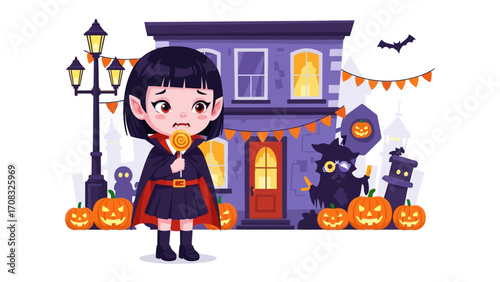 Spooky Halloween Celebration: A young girl dressed as a vampire stands in front of a haunted house with spooky Halloween decorations, pumpkins, and festive banners.