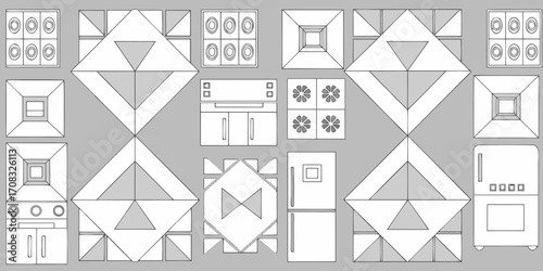 Stylized geometric kitchen appliances and furniture in a repeating pattern on a gray background
