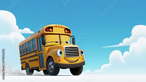 Cartoon school bus driving through a bright blue sky with fluffy clouds in the background