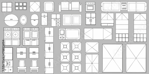 Collection of hand drawn kitchen and home appliance icons and furniture elements for design and illustration