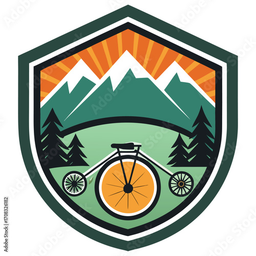 Adventure cycling emblem badge design for banners and advertisements featuring a mountain landscape and bicycle elements