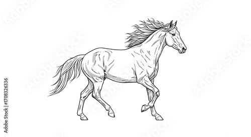 Elegant running horse detailed line art on white background
