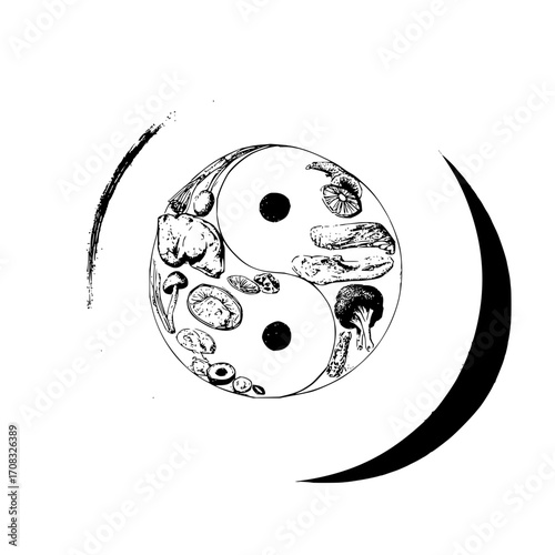 Yin yang mushrooms fungi nature balance black and white illustration art drawing sketch design graphic vector zen