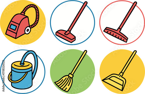 Collection of Cartoon Cleaning Tools: Vacuum, Mop, Broom, Bucket, Dustpan, and Brush vector Illustration