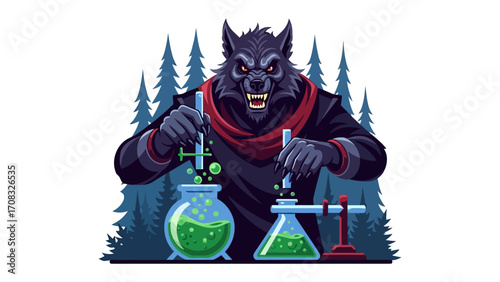 Scientific Wolf: A captivating illustration presents a anthropomorphic wolf deeply engrossed in a scientific experiment, surrounded by beakers and bubbling concoctions within a laboratory setting.