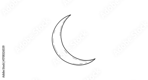 Hand-drawn crescent moon on a white background for design elements.