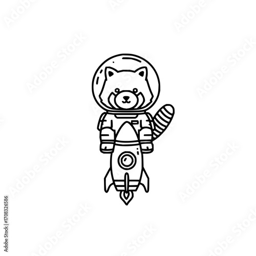 Raccoon astronaut in space suit riding rocket ship vector illustration line art drawing for kids and adults 100