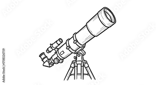 Detailed telescope illustration in black and white on white background.