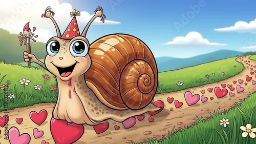 Cartoon snail wearing a party hat joyfully walking along a flower-lined path with hearts