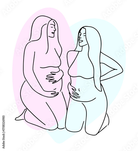 Pregnant happy friends expecting the birth of children drawn in line art style
