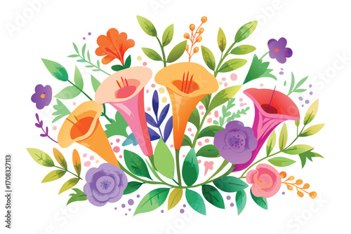 Vibrant Trumpet Flowers, colorful floral arrangement with calla lilies and roses in various colors, floral, arrangement, flowers, bouquet.