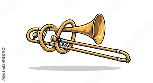 Isolated golden trombone with shadow on a white background