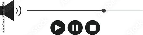 volume slider icon set with play pause stop symbol. Volume bar level control sign