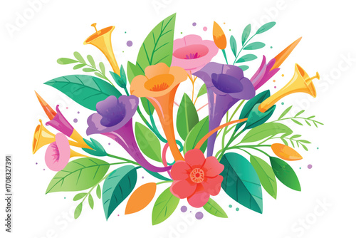 Trumpet Flowers. Vibrant color and Leaves Bouquet Illustration, decorative, nature, bloom, blossom, petal, leaf, green, orange, purple,  on White floral decorative