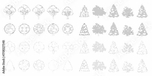 Collection of diverse stylized deciduous and coniferous trees in grayscale for design and illustration