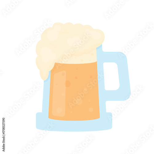 Beer in a large glass with thick foam on a white background. Vector illustration of light beer on the October fest
