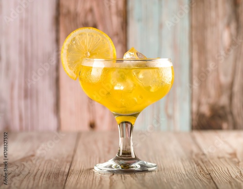 Yellow cocktail with ice and lemon