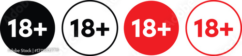 18 plus warning symbol. Over 18+ adult sign. Age limit under 18. Eighteen plus prohibited sign.