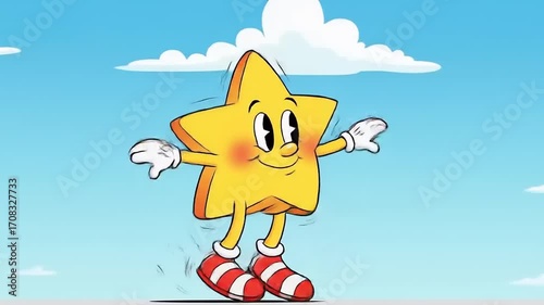 Cartoon star character joyfully jumping in a bright blue sky with fluffy clouds, exuding happiness