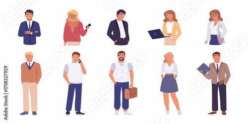 Diverse group of business professionals in modern attire standing and interacting in a clean flat design style