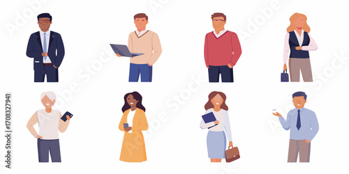 Diverse group of eight business professionals in modern attire holding devices and briefcases