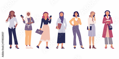 Diverse group of professional women standing together in modern business attire with accessories