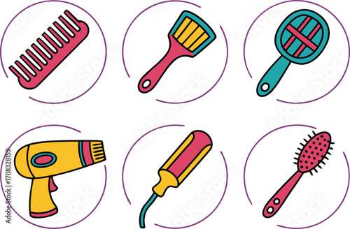 Collection of colorful cartoon hair care tools in circular frames vector Illustration