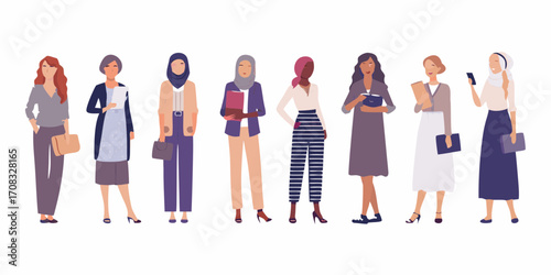 Diverse group of professional women standing together in modern business attire holding books and bags