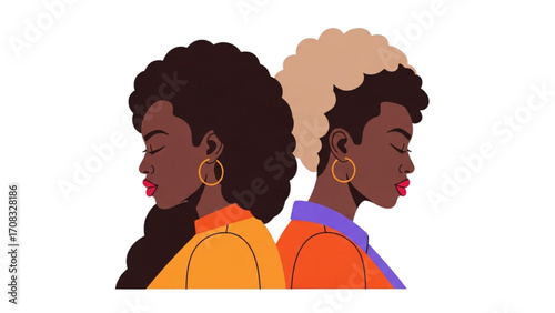 Colorful Vector Illustration of Two Black Women in Profile Back-to-Back with Shared Hairstyles AI EPS PNG