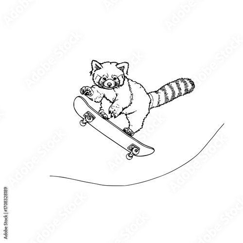 Red panda skateboarding animal skateboard cute furry mammal tail fun skater sport extreme wildlife illustration