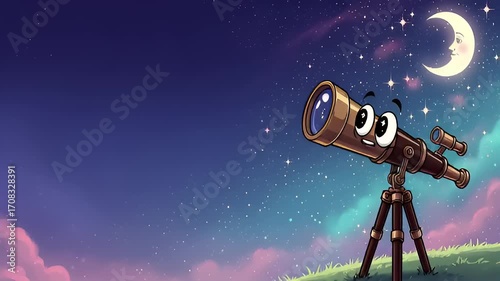 Cartoon telescope character observing a starry night sky with a crescent moon and colorful clouds