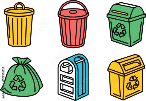 Collection of Colorful Trash Cans and Recycling Bins with Recycling Symbols vector Illustration