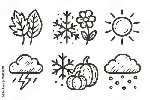 Chalkboard style seasonal icons featuring nature elements for various weather conditions