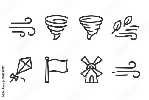 Minimalist weather icons: wind, tornado, and nature elements in outline style