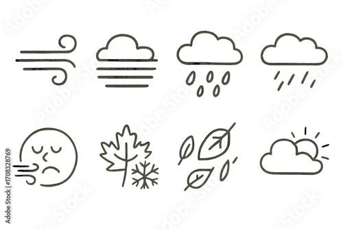 Minimalist weather icons: wind, cloud, rain, autumn leaves, and sun