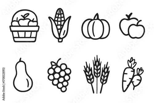 Harvest icons set: bountiful autumn fruits and vegetables in outline style