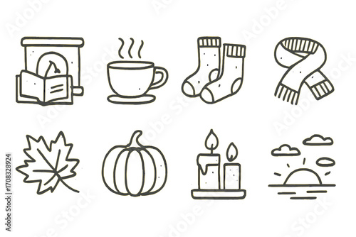 Cozy autumn icons: warm drinks, falling leaves, and seasonal comforts