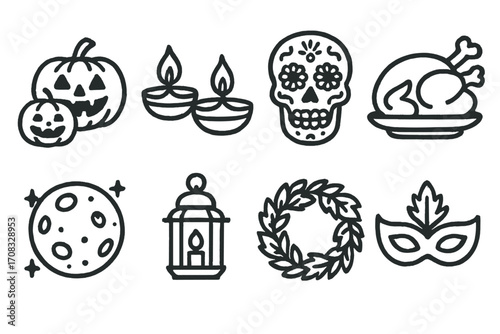 Monochrome autumn harvest festival icons: halloween and thanksgiving elements